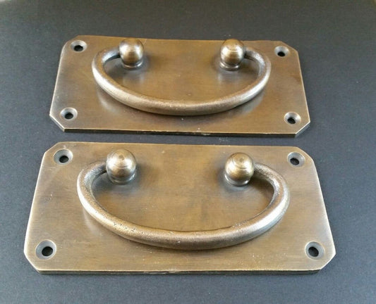 2 Antique Vintage Style Solid Brass Box Trunk Chest Door Handles 4 1/4"w. #P11