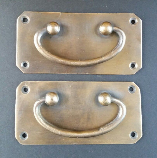 2 Antique Vintage Style Solid Brass Box Trunk Chest Door Handles 4 1/4"w. #P11
