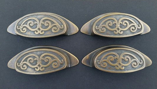 4 Solid Antique Style, Brass Apothecary Bin Cup Finger Pulls Handles 4"wide #A12