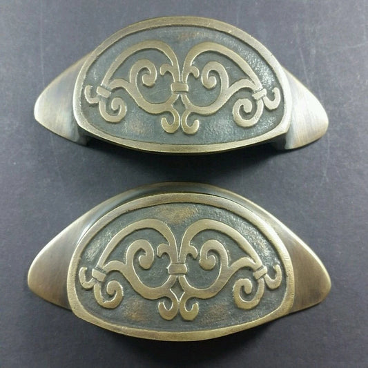 4 Solid Antique Style, Brass Apothecary Bin Cup Finger Pulls Handles 4"wide #A12