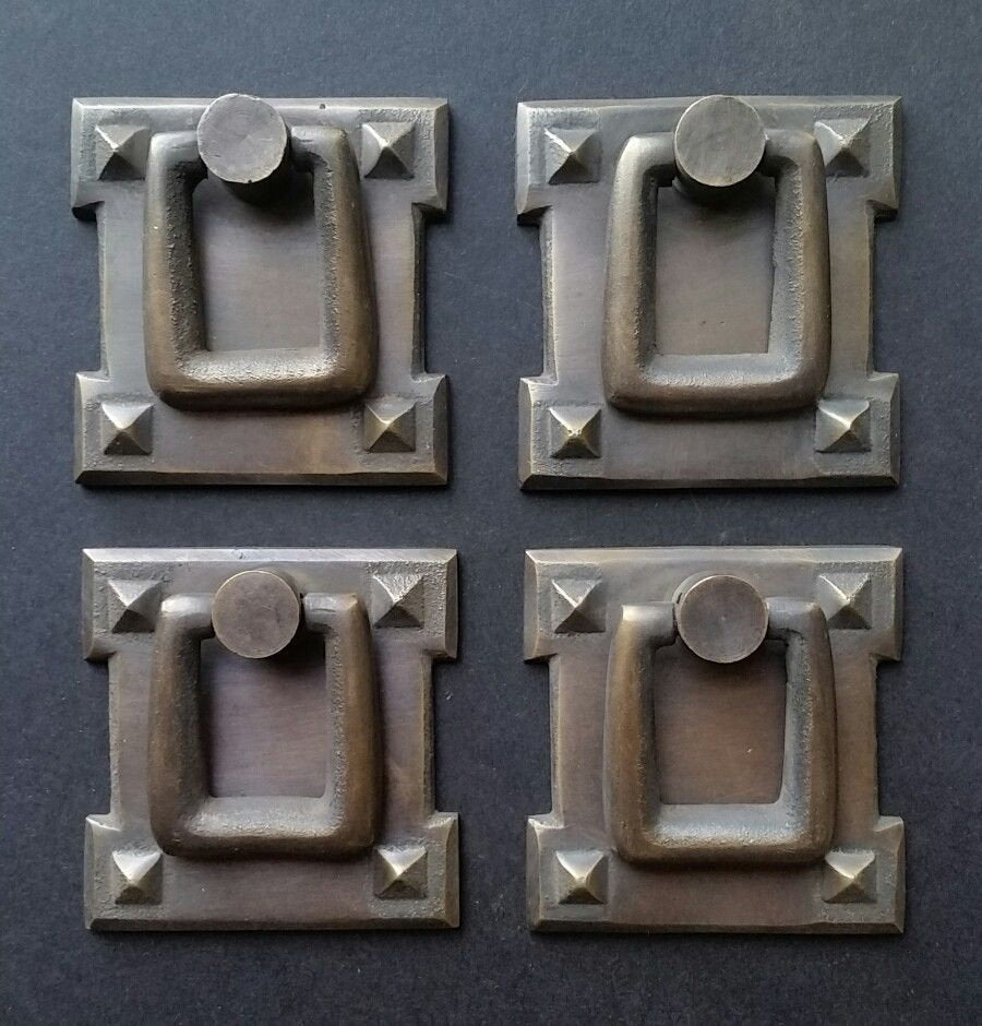 4 Square Mission Stickley Antique Style Brass Handles Ring Pulls 2 1/8" #H38