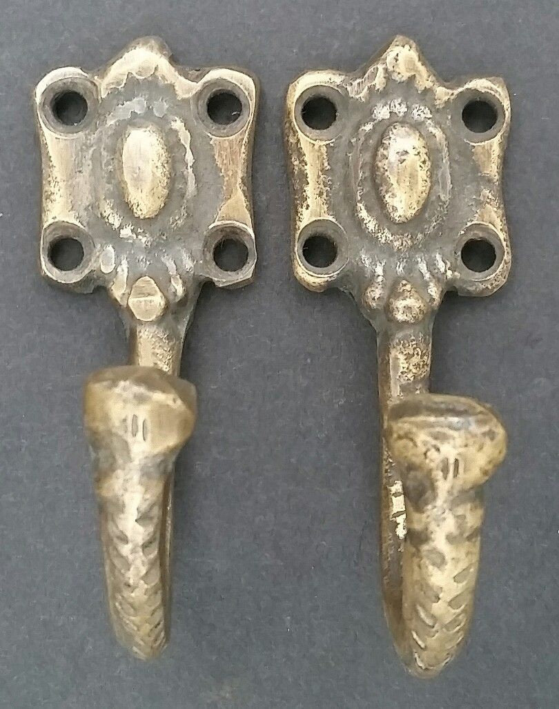 2 Single Coat Hat Hooks Unique Antique Style Ornate Backplate 2-1/2" long #C4