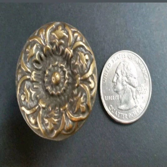 2 Antique Style Solid Brass Decorative ROUND KNOBS Ornate FLORAL, Classic design 1-1/4" dia. #K25