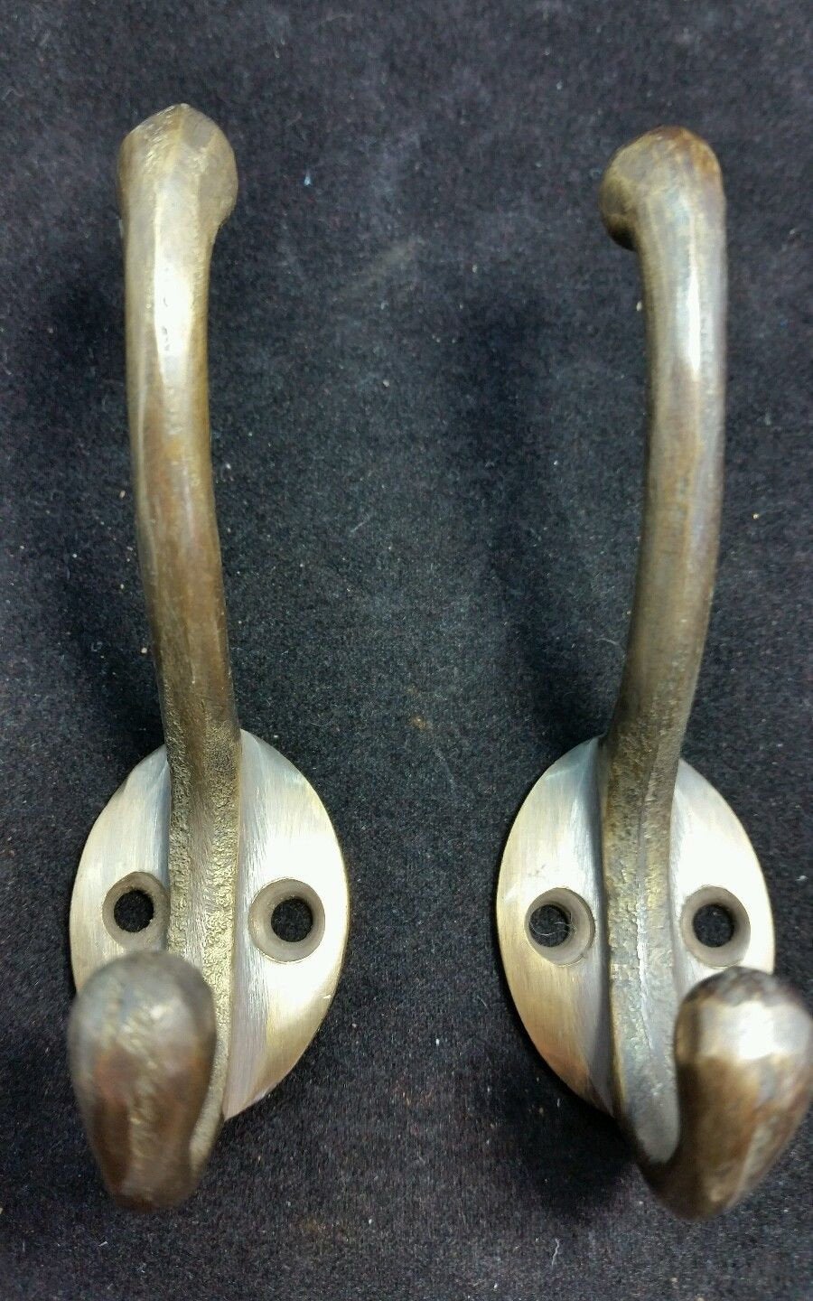 2 Solid Antique Brass Double Coat Hooks w. Oval Backplate 3" x 2" #C9