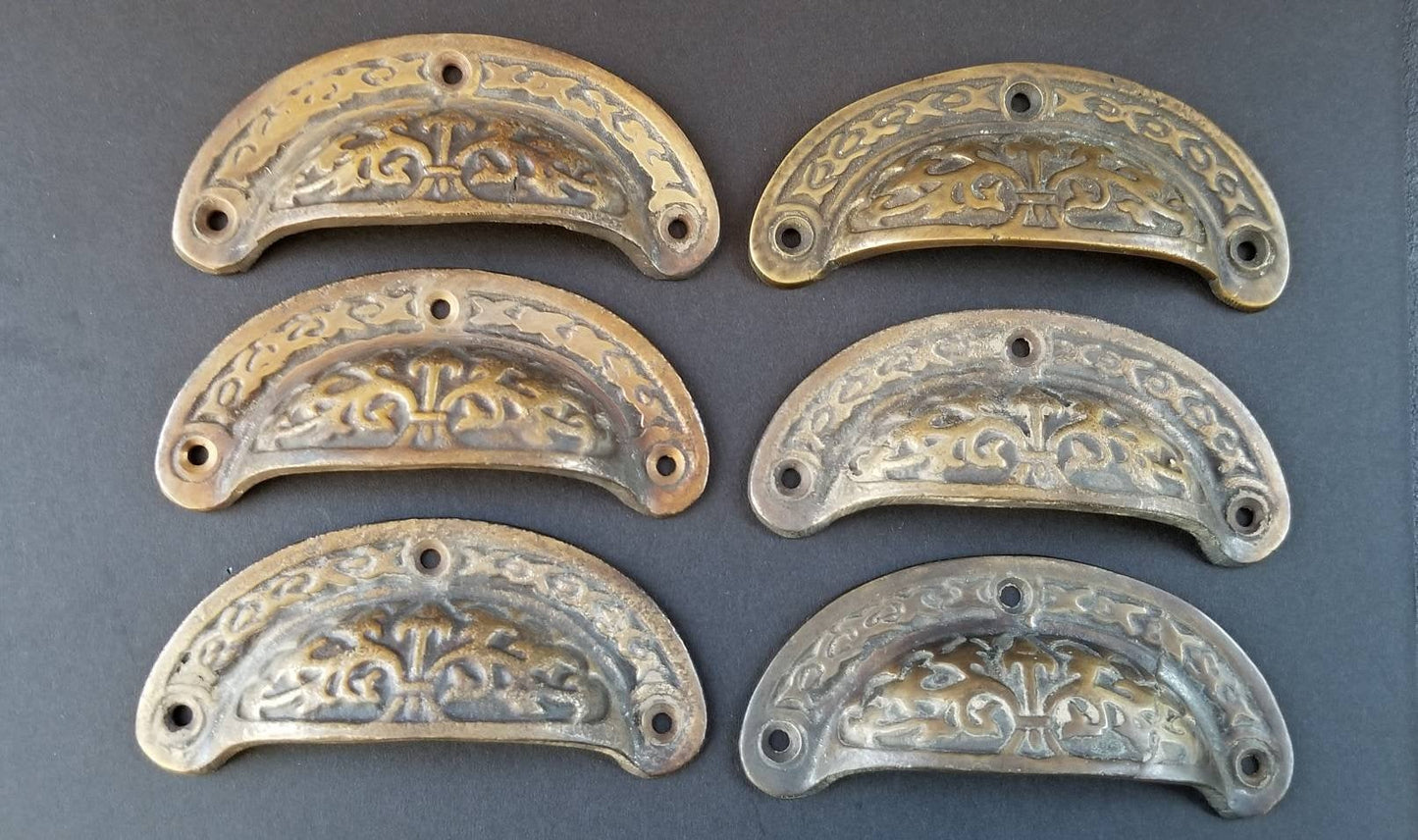 Set of 6 antique Victorian Vintage Original brass apothecary bin pull handles 3 7/16" #Z8