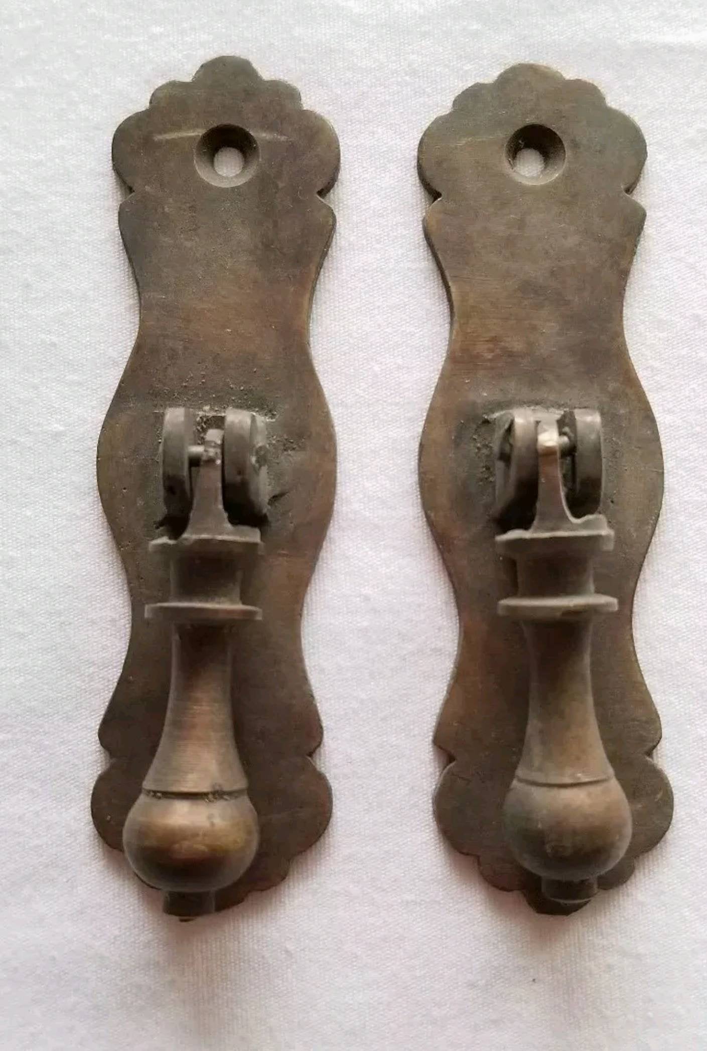 2 Antique Ornate teardrop pendant Brass Handles Drawer Pulls  3-1/2" #H2