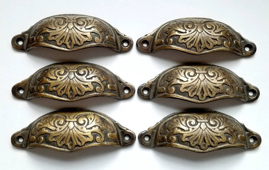 6 large Solid tarnished brass ornate apothecary bin pull handles, Victorian style, hand made #A1