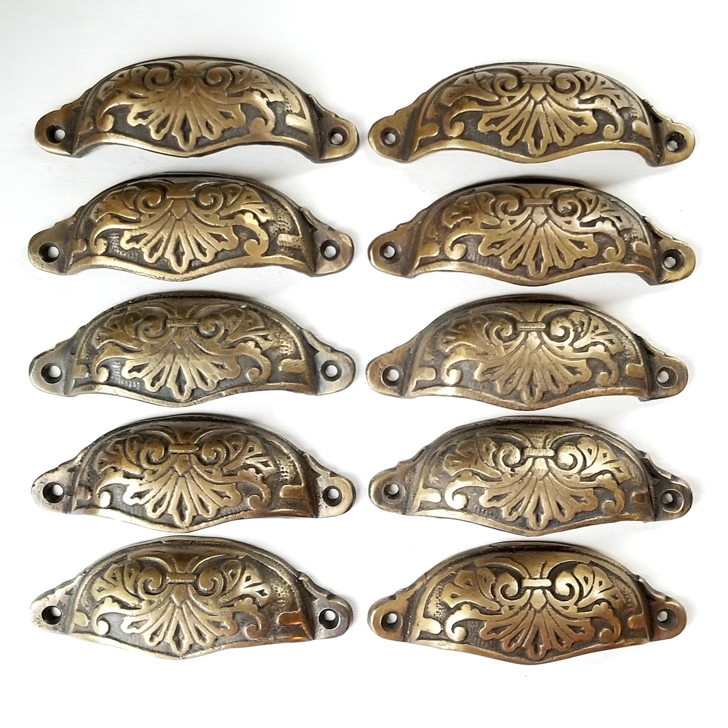 Set of 10 large Solid tarnished brass ornate apothecary drawer bin pull handles in Victorian Antique style x A1