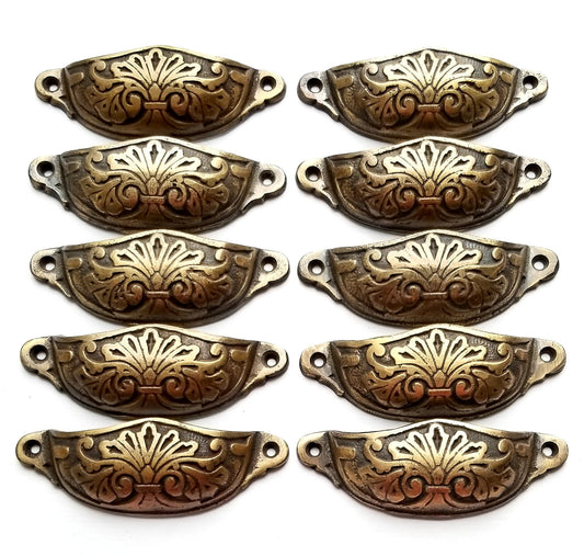 Set of 10 large Solid tarnished brass ornate apothecary drawer bin pull handles in Victorian Antique style x A1