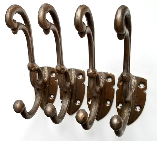 4 Rare Antique Style Brass Art Nouveau Coat Hooks Ornate Double Hooks approx 4-3/4" long #C14
