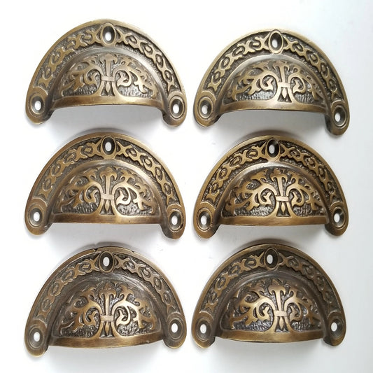 6 Antique Vintage Victorian style brass apothecary bin pull handles 3-7/16"wide #A5