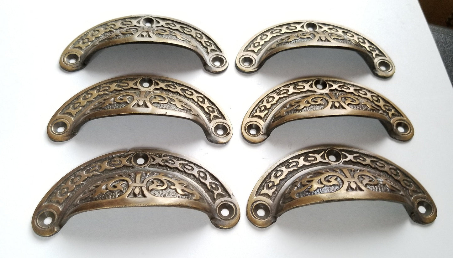 6 Antique Vintage Victorian style brass apothecary bin pull handles 3-7/16"wide #A5