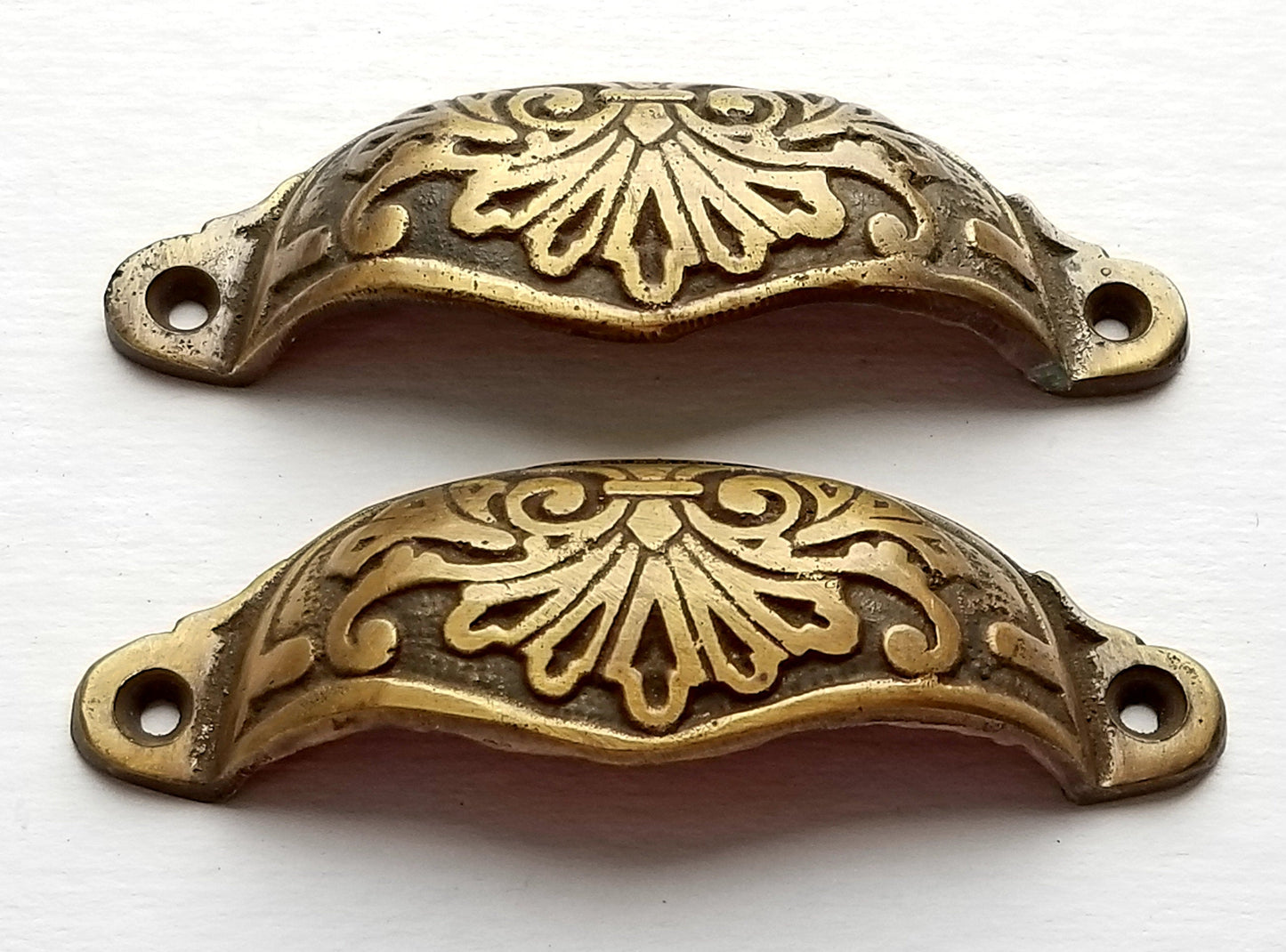 2 Solid antique brass ornate cabinet apothecary drawer bin pull handles 4 1/8"wide #A1