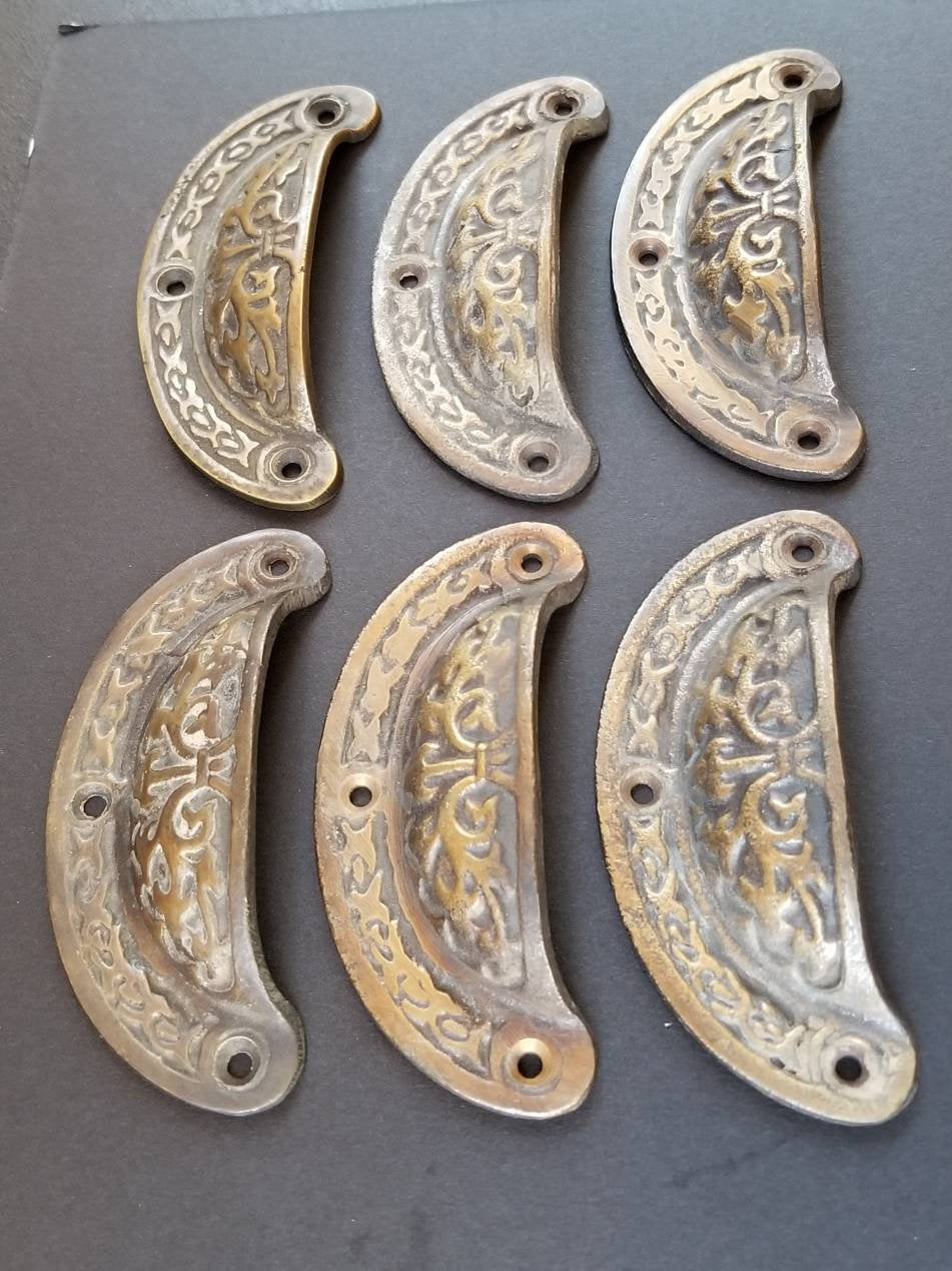 Set of 6 antique Victorian Vintage Original brass apothecary bin pull handles 3 7/16" #Z8