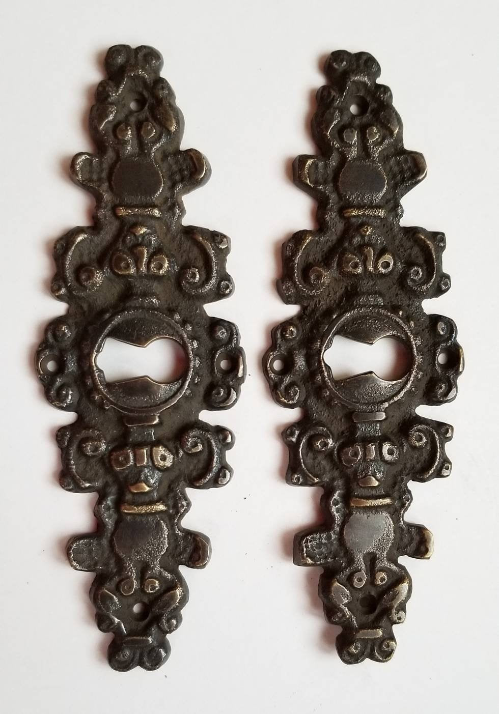 2 Antique French Brass Escutcheon, Hardware Ornate Keyhole Cover,approx. 4-1/4" x 1-3/8" #E8