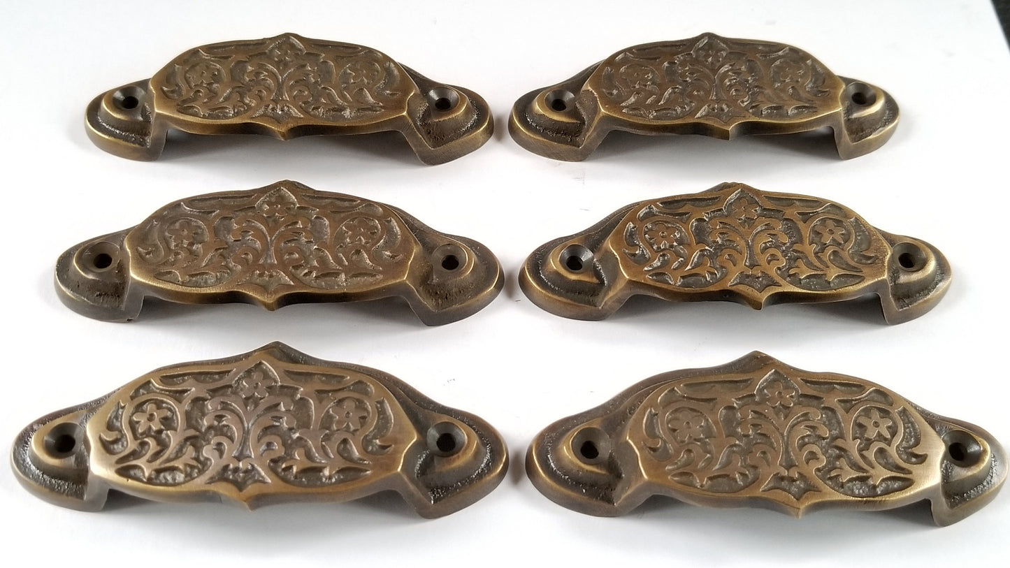 6 Solid Brass Antique Style Victorian, Art Nouveau Apothecary Bin Pull Handles 3-9/16" wide #A4