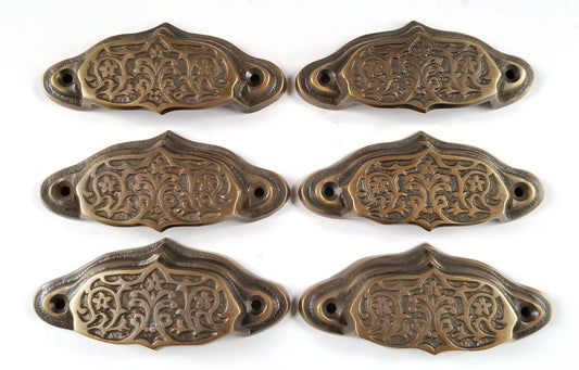 6 Solid Brass Antique Style Victorian, Art Nouveau Apothecary Bin Pull Handles 3-9/16" wide #A4