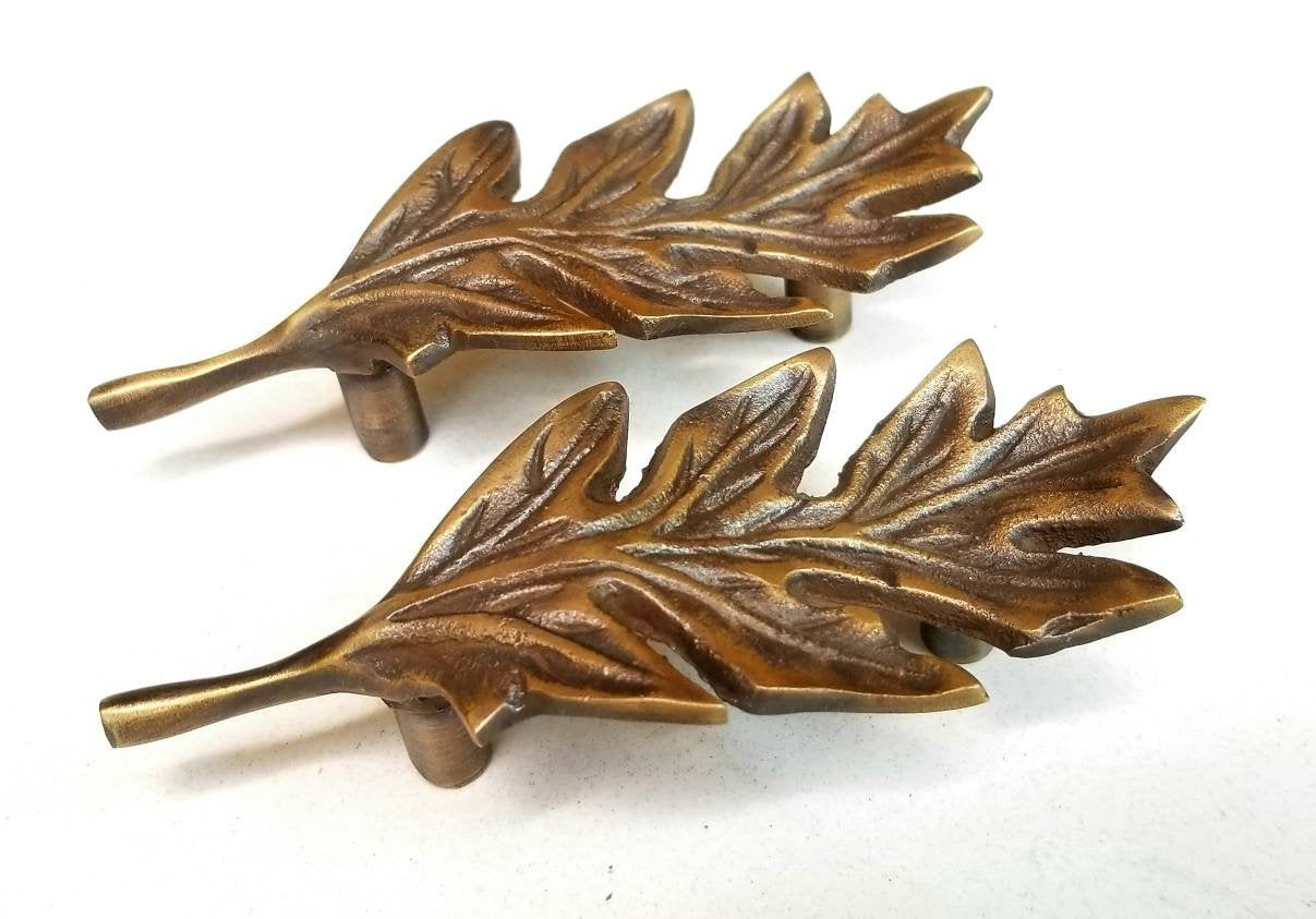 2 Unique Antique Style solid brass oak leaf handles 4"long #P8