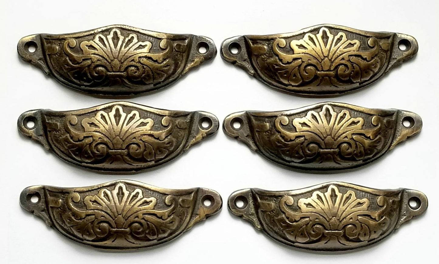 6 large Solid tarnished brass ornate apothecary bin pull handles, Victorian style, hand made  #A1
