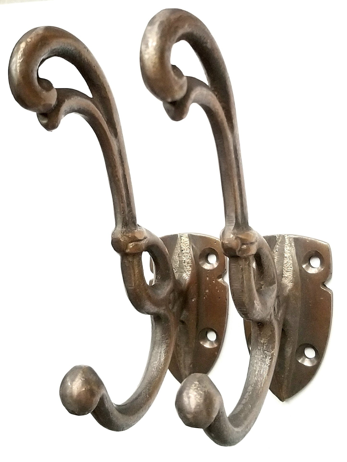 2 Rare Antique Style Brass Art Nouveau Coat Hooks Ornate double hooks #C14