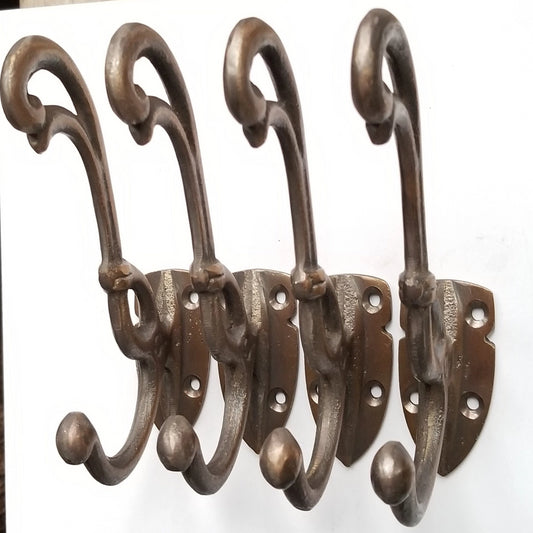 4 Rare Antique Style Brass Art Nouveau Coat Hooks Ornate Double Hooks approx 4-3/4" long #C14