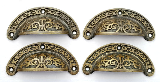 4 Antique Vintage Victorian style brass apothecary bin pull handles 3-7/16"wide #A5
