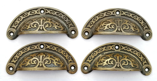 4 Antique Vintage Victorian style brass apothecary bin pull handles 3-7/16"wide #A5