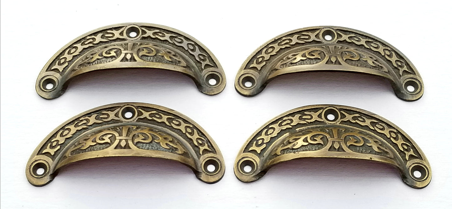 4 Antique Vintage Victorian style brass apothecary bin pull handles 3-7/16"wide #A5