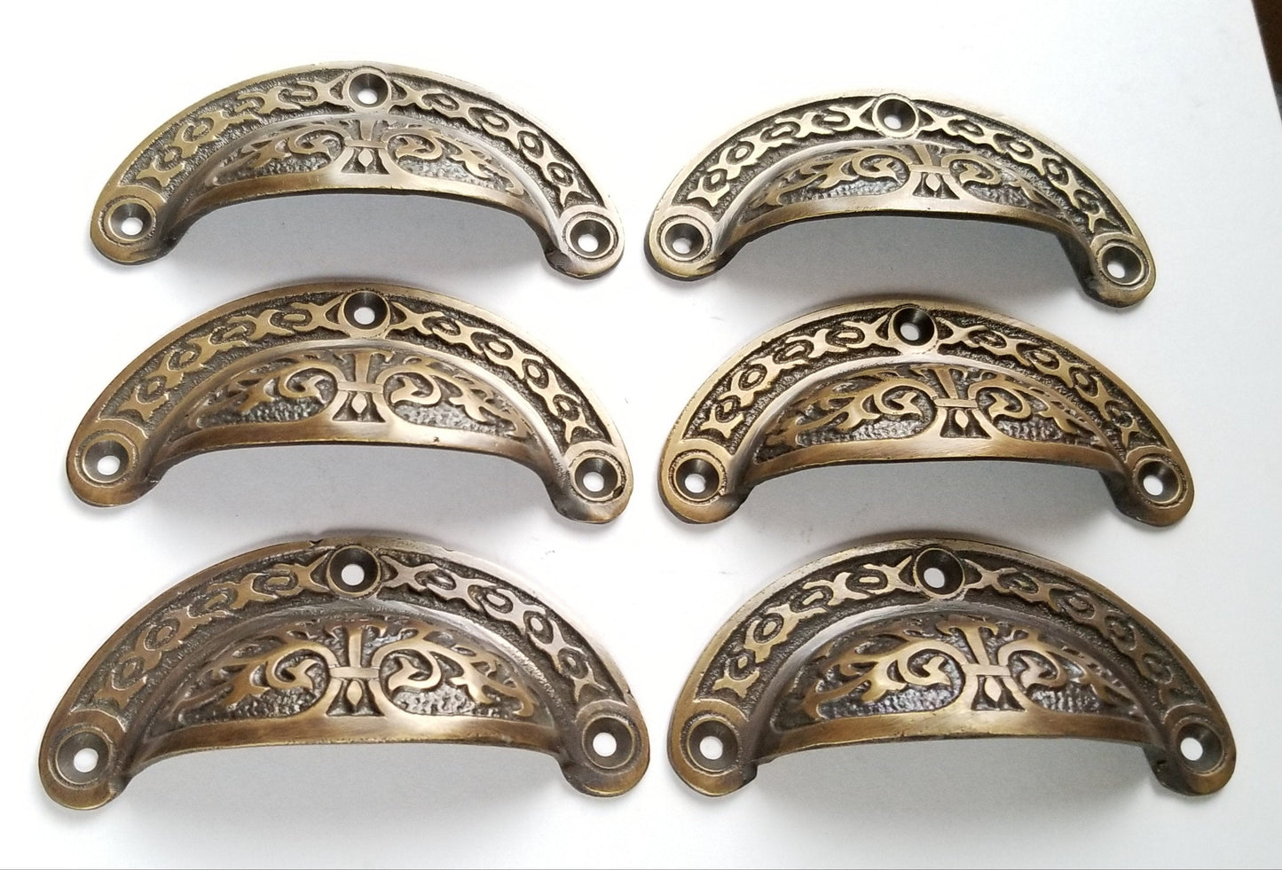 6 Antique Vintage Victorian style brass apothecary bin pull handles 3-7/16"wide #A5