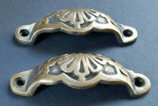 2 Apothecary Cabinet Drawer Bin Pull Handles 3 9/16" wide Solid Ornate Brass #A2