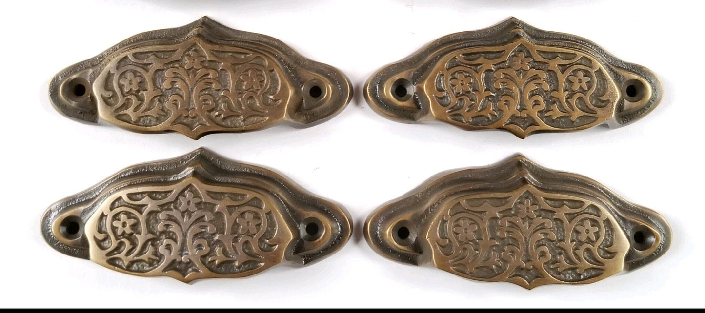 4 Solid Brass Antique Style Victorian, Art Nouveau Apothecary Bin Pull Handles 3-9/16" wide #A4