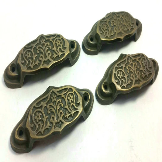 4 Solid Brass Antique Style Victorian, Art Nouveau Apothecary Bin Pull Handles 3-9/16" wide #A4