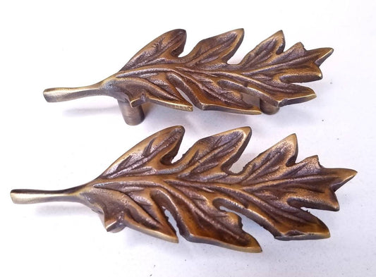 2 Unique Antique Style solid brass oak leaf handles 4"long #P8