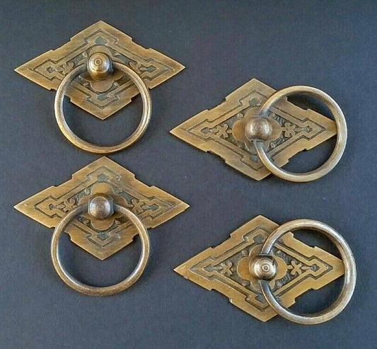 4 Eastlake Handles, Ring Pulls, Furniture Hardware, Diamond Backplate Brass Pulls 2-3/8" wide #H15