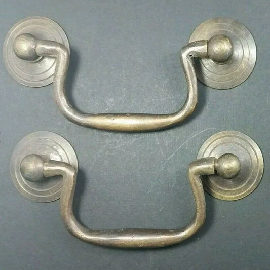 2 Antique Style Brass Swan Neck Bails Cabinet Drawer Pull handles w Bolts 3"cntr #H39