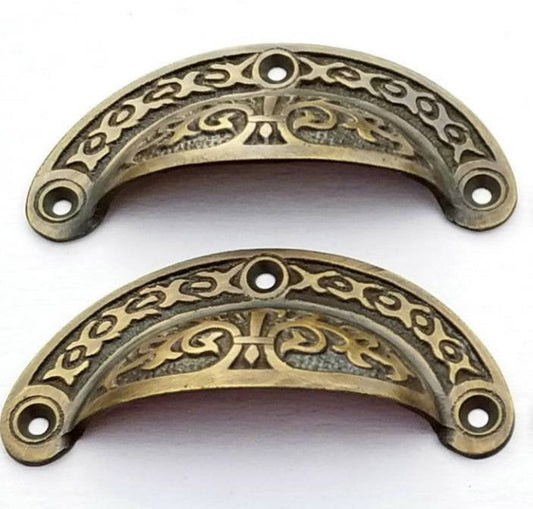 2 Antique Vintage Victorian style brass apothecary bin pull handles 3-7/16"wide #A5