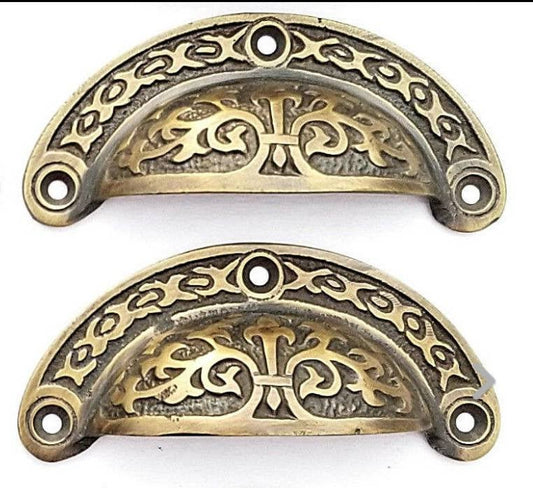 2 Antique Vintage Victorian style brass apothecary bin pull handles 3-7/16"wide #A5
