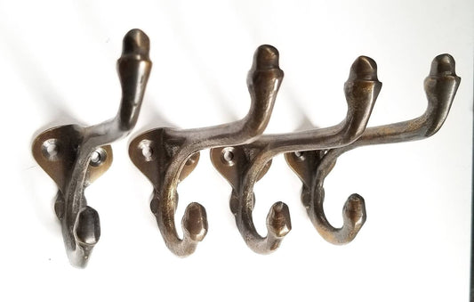 4 Antique Vintage Style solid Brass Double Hat, Coat, School House Hooks with Acorn Tips #C12