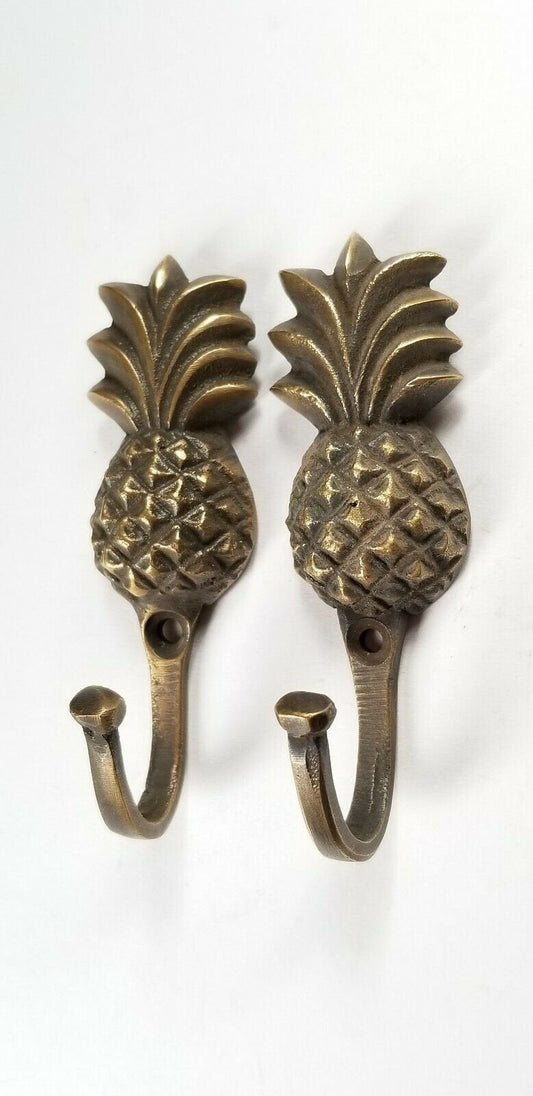 2 Vintage Style PINEAPPLE Fruit Strong HOOK Hanger Brass Coat Hat Hanger 3" #C21