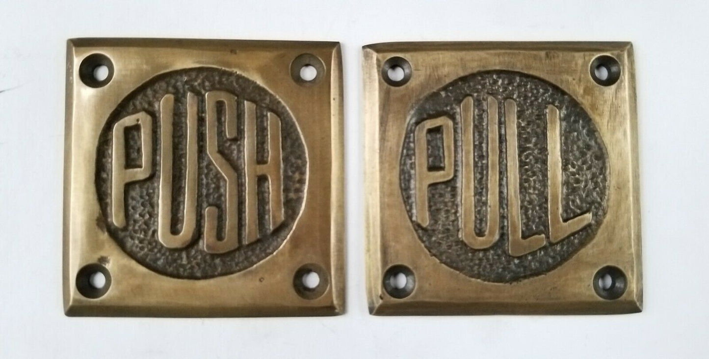 Set of Art Deco Door PULL and PUSH signs Unique Antique solid brass 2 1/2" #F11