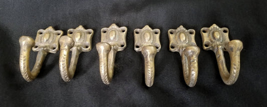 6 Ornate Vintage style .Single Coat Hat Hooks, towel holder, kitchen, bathroom. Solid Brass #C4