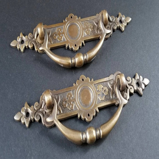 2 East Lake Victorian Antique-Style Solid Brass Handles Pulls Hardware 5-1/4"w #H44