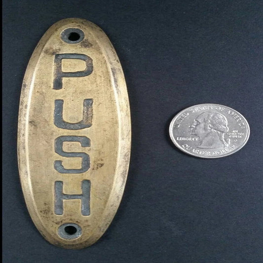 PUSH Door or Bell sign Antique Original Reclaim Art Deco Solid Brass 4" #F6