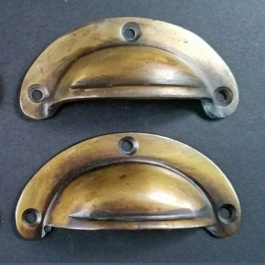 2 small Antique Bin Cup Pull Drawer Cabinet Handle Solid Brass 2-3/4"wide #A14