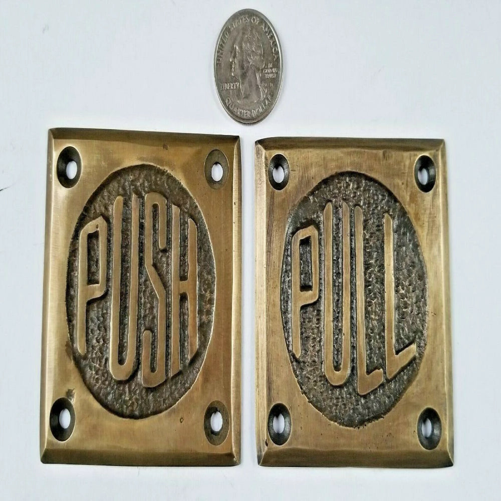 Set of Art Deco Door PULL and PUSH signs Unique Antique solid brass 2 1/2" #F11