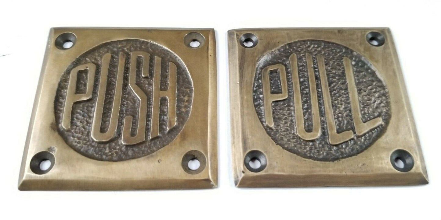 Set of Art Deco Door PULL and PUSH signs Unique Antique solid brass 2 1/2" #F11
