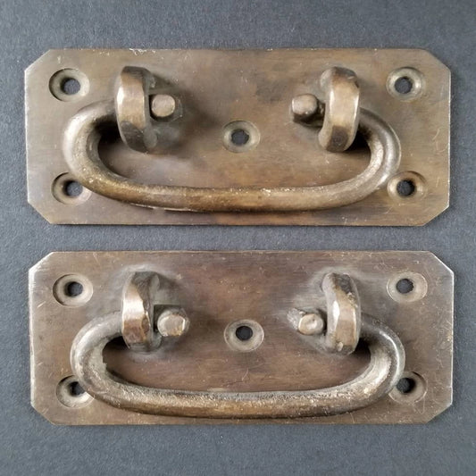 Lot/Set of 2 antique solid brass TRUNK PULL Drop Handle Trap Door Toolbox #P12