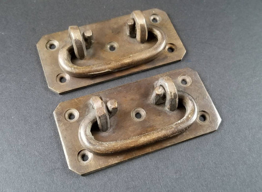 Lot/Set of 2 antique solid brass TRUNK PULL Drop Handle Trap Door Toolbox #P12