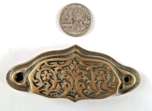 2 Solid Brass Antique Style Victorian, Art Nouveau Apothecary Bin Pull Handles 3-9/16" wide #A4