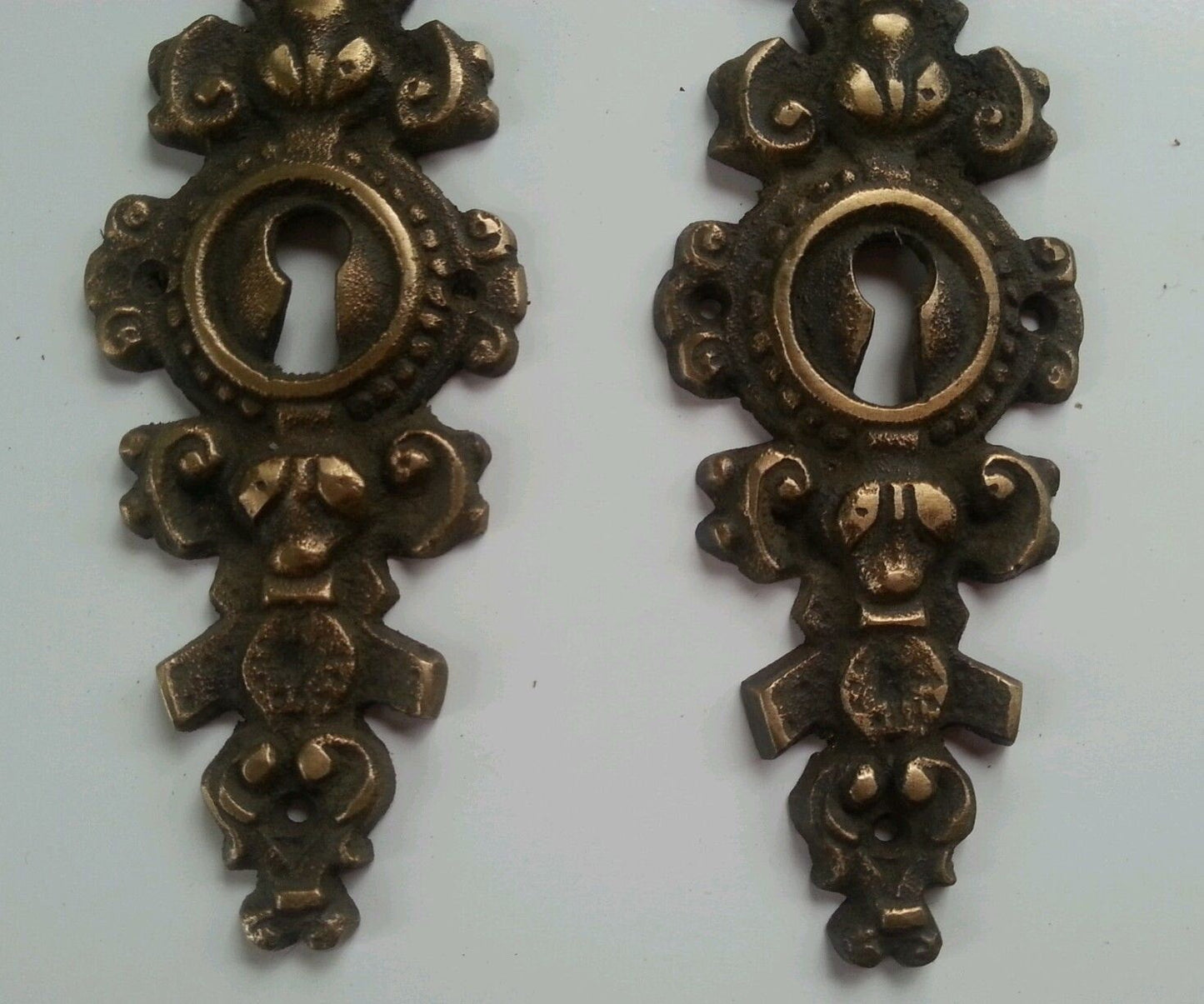 4 Large 4" Elongated Ornate Brass Keyhole Escutcheons Jewelry Component #E19